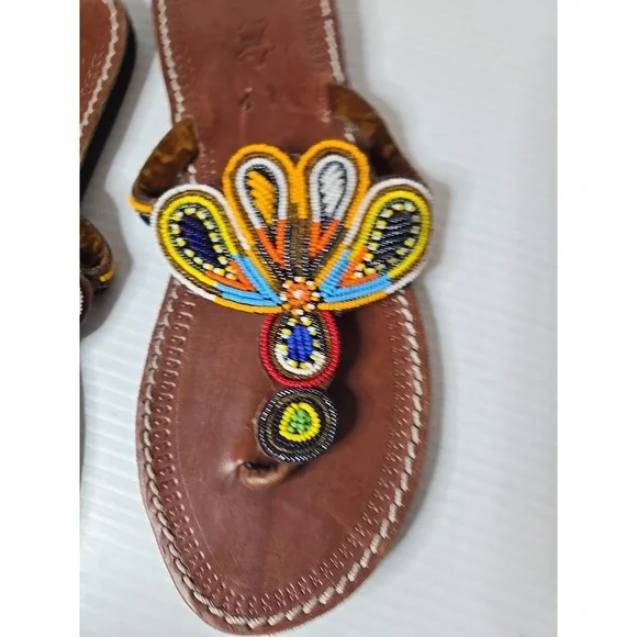 Womens Brown Learher Beaded Tong Sandals Size 42 / US 10 - Picture 5 of 6